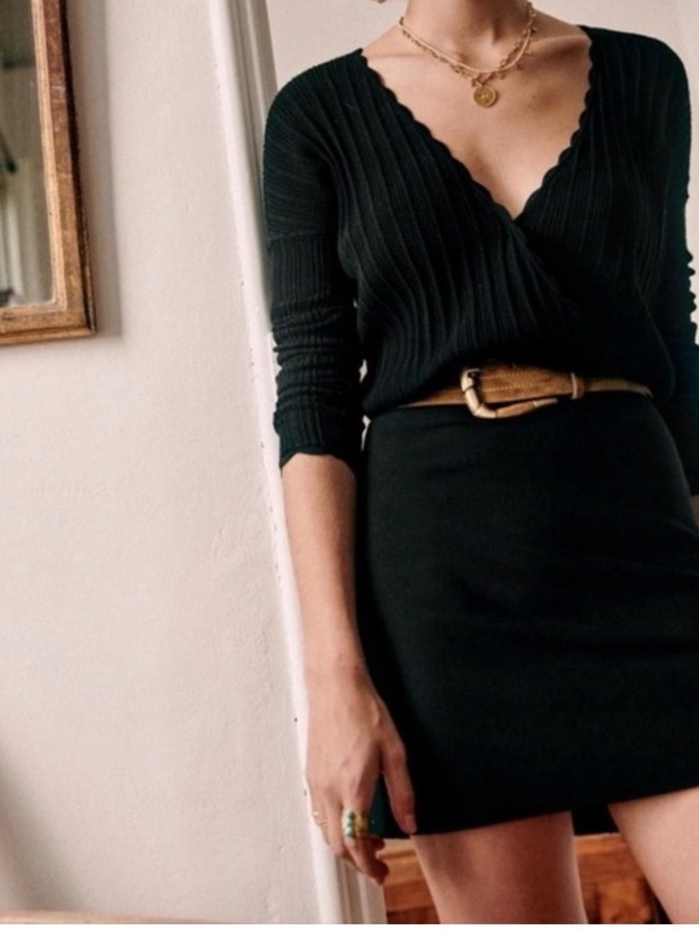 Sezane Cordelia Black Knit Scalloped V Neck Mini Dress Size XS